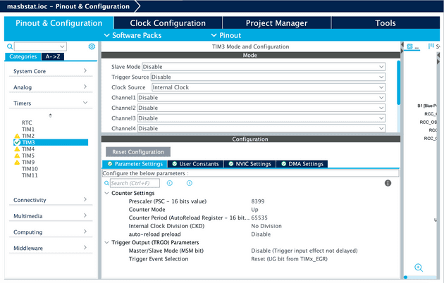 Configuración del Timer 3 y sus parámetros correspondientes.