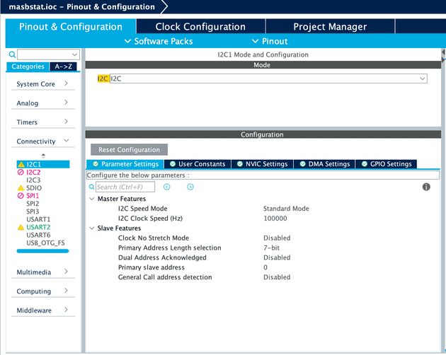 Configuración de los parámetros de I2C.